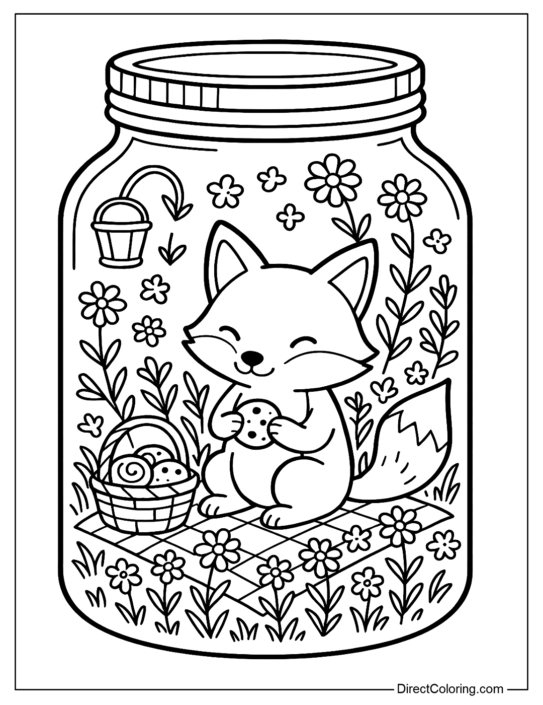 A little fox has a picnic in a jar, with a basket of cookies, green trees, and a field of flowers